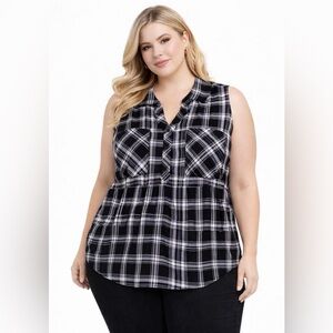 Torrid Harper Plaid Sleeveless Blouse 2X Black White Button Tank Top